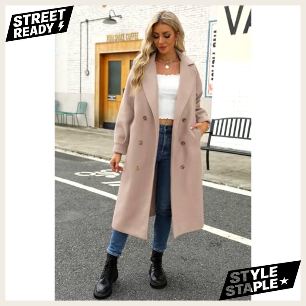 Long Wool Blend Pea Coat Double Breasted Notched Lapel Winter Overcoat - Picture 6 of 7